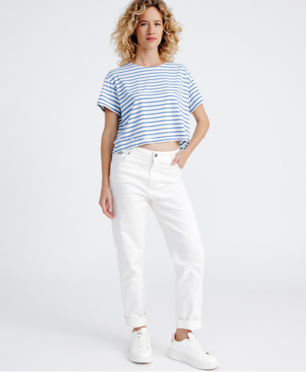 Tee-shirt crop top Camélia rayé indigo Made in France